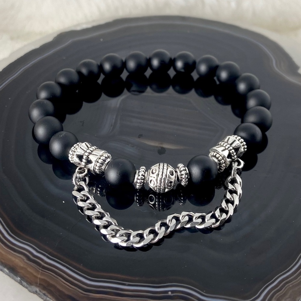Handmade onyx viking beads & dangly curb chain